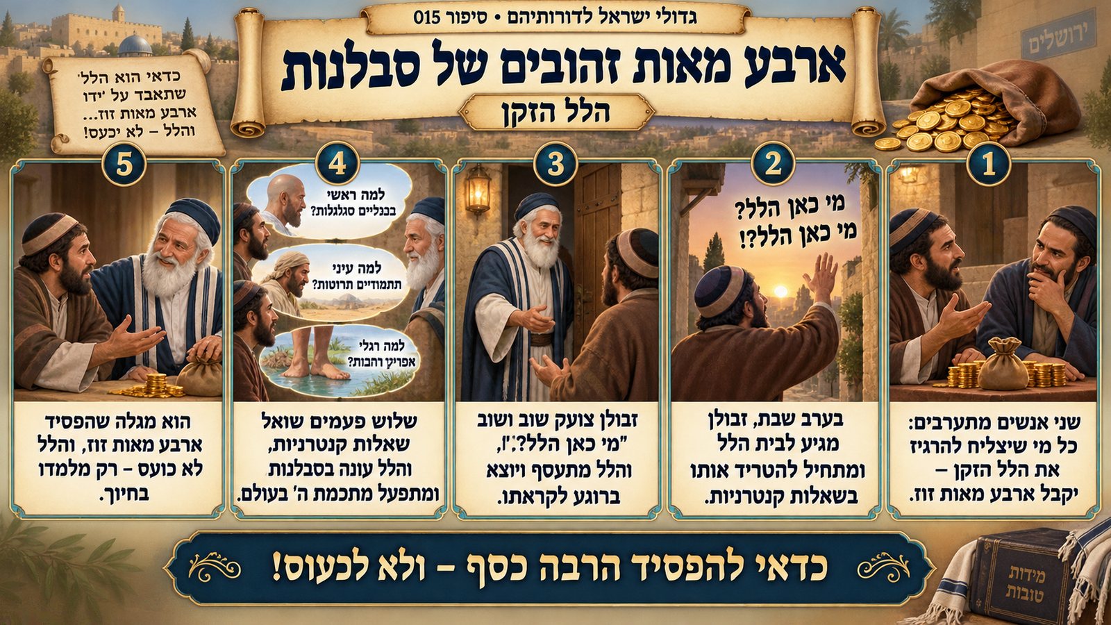 תמונת סיכום — הלל הזקן: ארבע מאות זהובים של סבלנות
