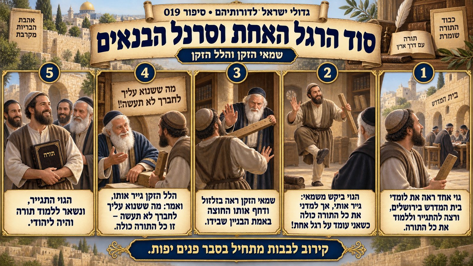 תמונת סיכום — שמאי הזקן והלל הזקן: סוד הרגל האחת וסרגל הבנאים