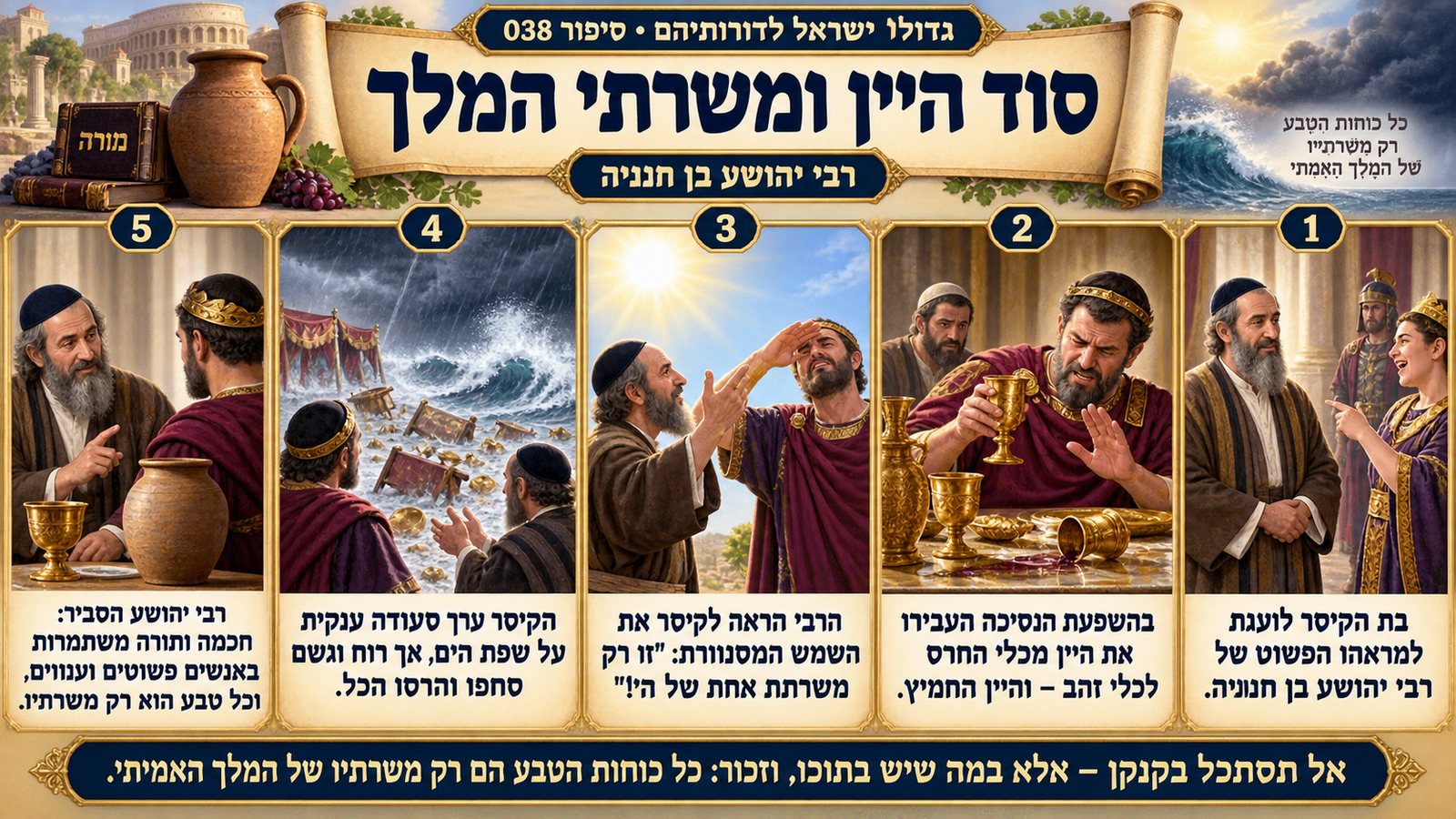תמונת סיכום — רבי יהושע בן חנניה: סוד היין ומשרתי המלך