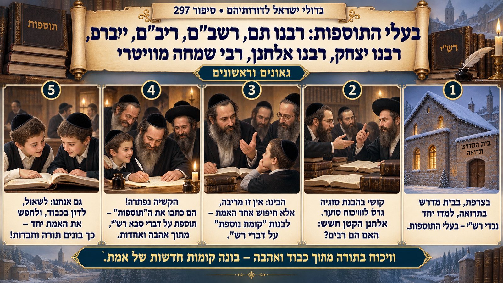תמונת סיכום — גאונים וראשונים: בעלי התוספות: רבנו תם, רשב"ם, ריב"ם, רבנו יצחק, רבנו אלחנן, רבי שמחה מוויטרי