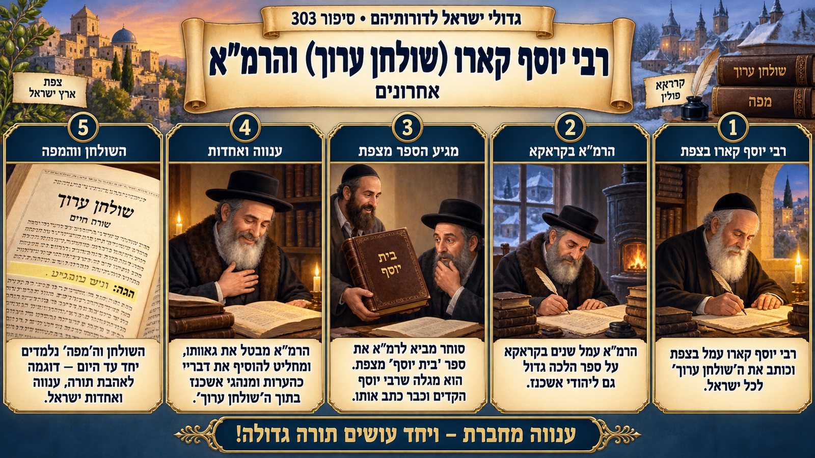 תמונת סיכום — אחרונים: רבי יוסף קארו (שולחן ערוך) והרמ"א