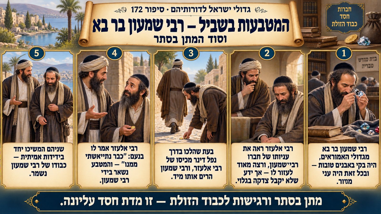 תמונת סיכום — ר' שמעון בר אבא ור' אלעזר: המטבעות בשביל — רבי שמעון בר בא וסוד המתן בסתר