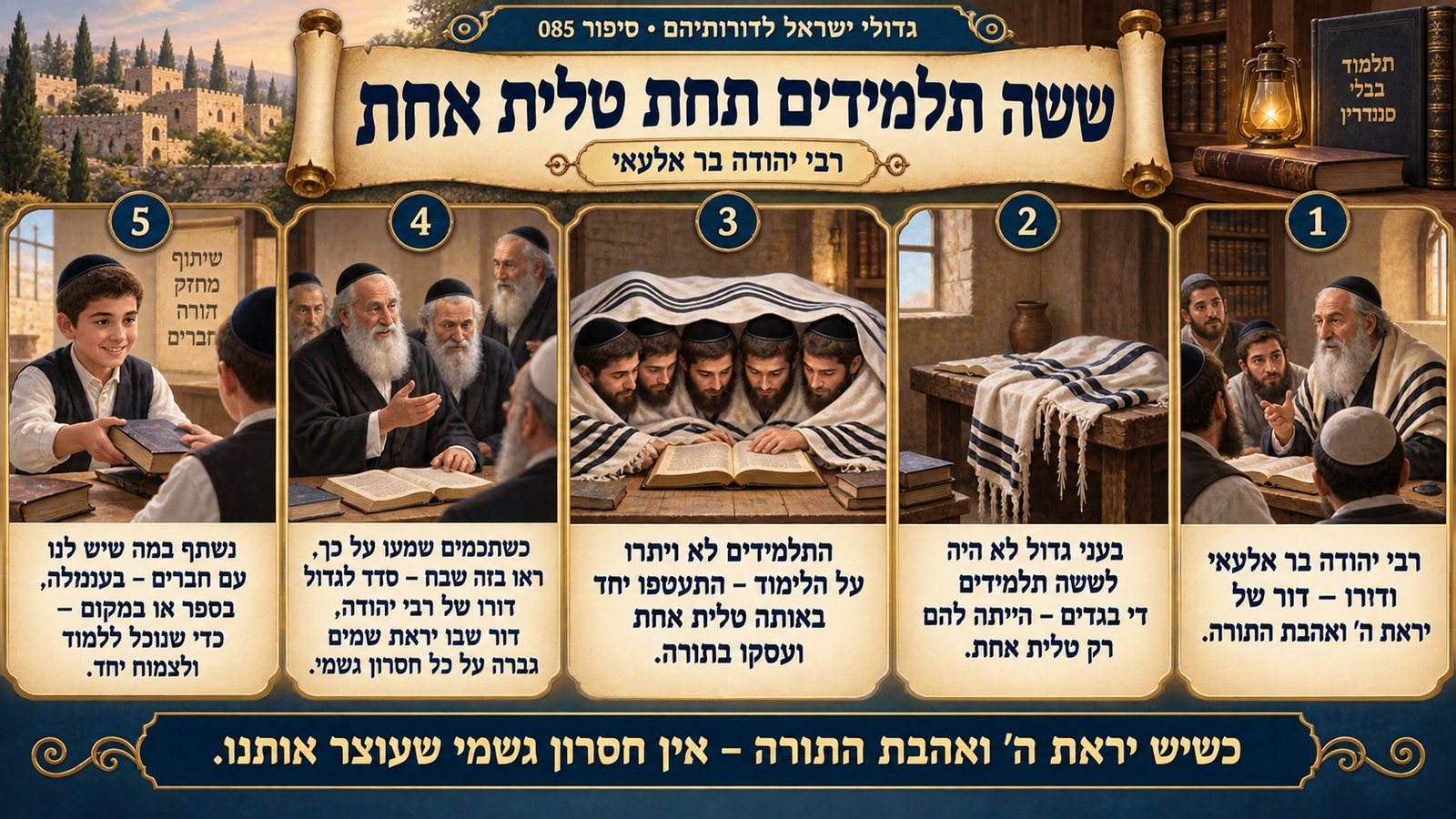 תמונת סיכום — רבי יהודה בר אלעאי: ששה תלמידים תחת טלית אחת