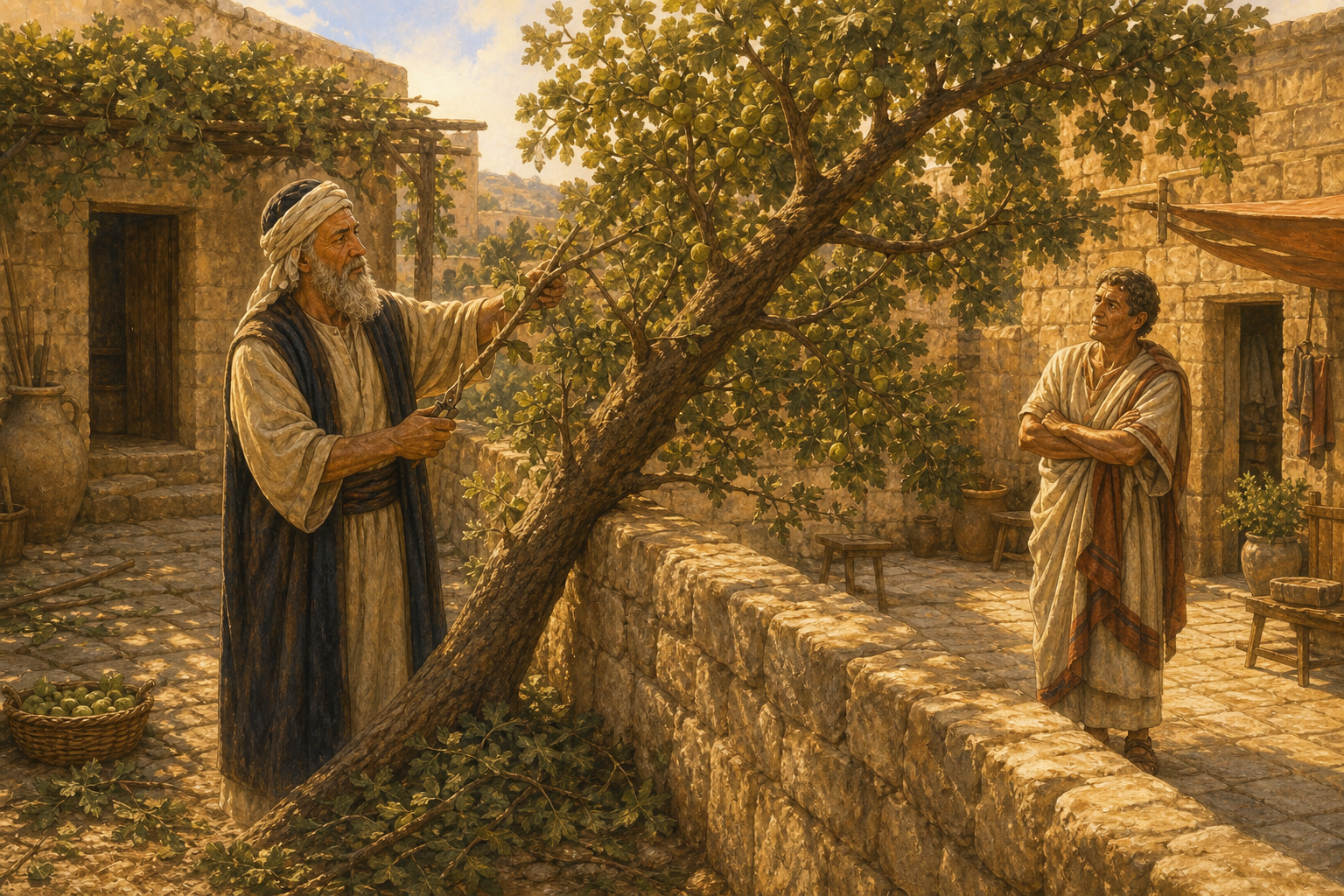 איור: רבי יונתן והאילן שנָטה לחצר הרומאי