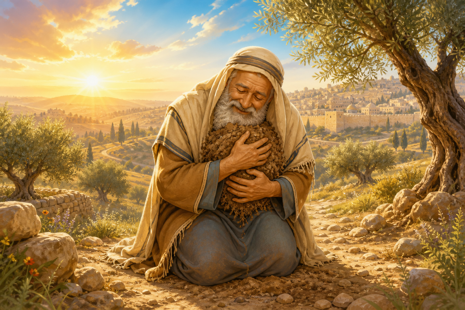 איור: רבי חנינא בר חמא מחבק את עפר ארץ ישראל מול ירושלים