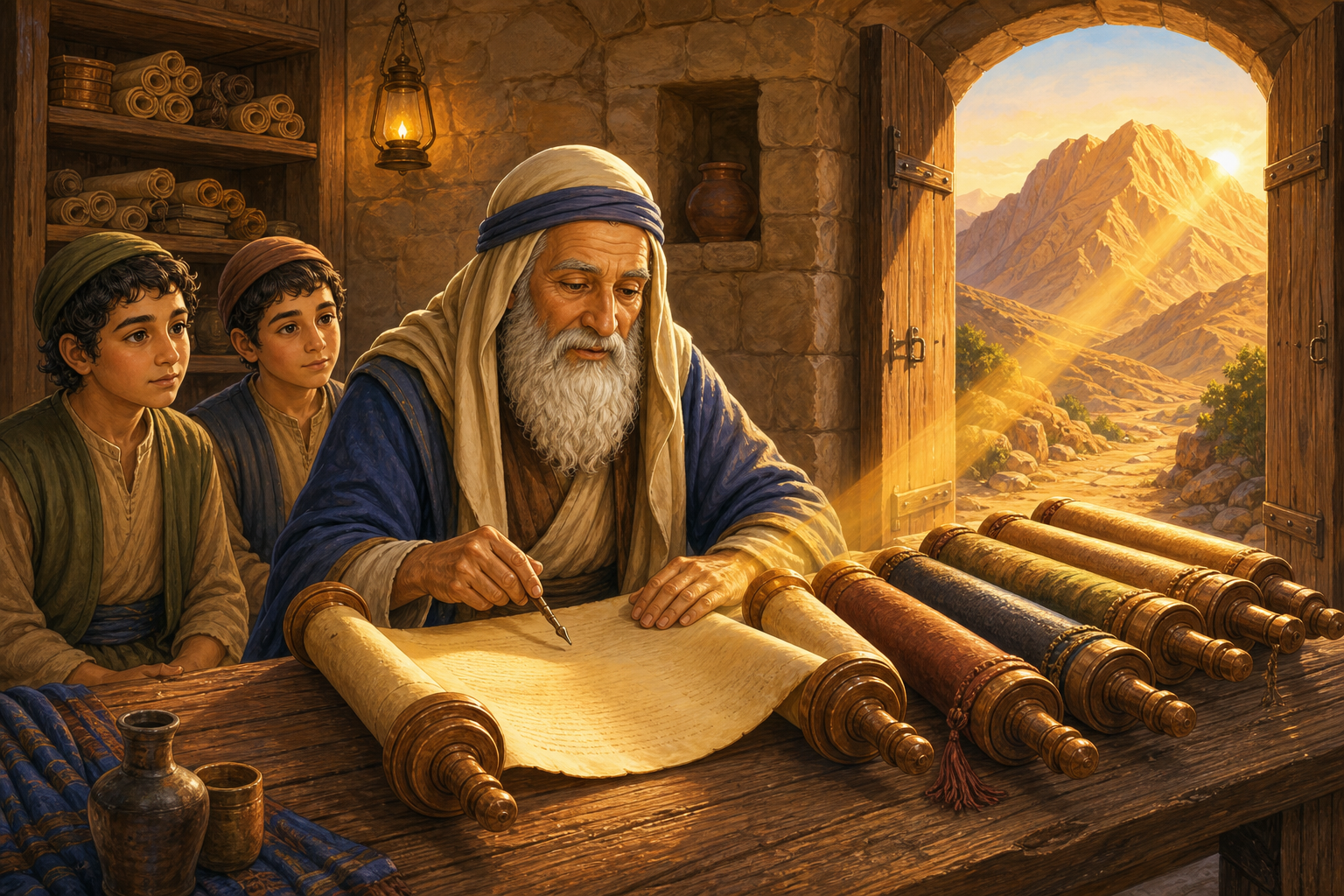 איור: רבי חנינא בר חמא לומד בזהירות ושרשרת מסירת התורה מסיני