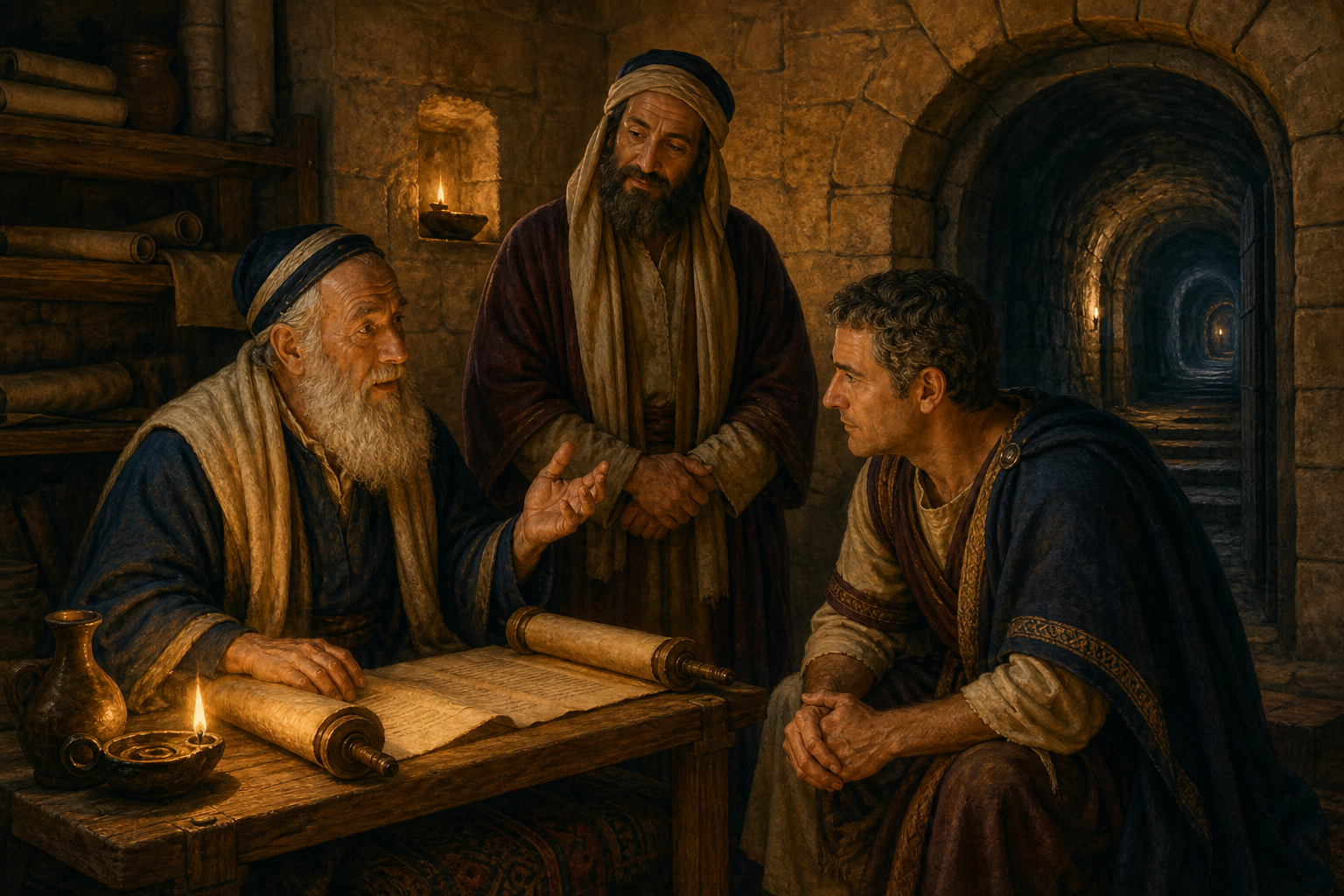 איור: רבי יהודה הנשיא מלמד את אנטונינוס תורה בסתר ליד המנהרה החשאית, ורבי חנינא בר חמא עומד עמם