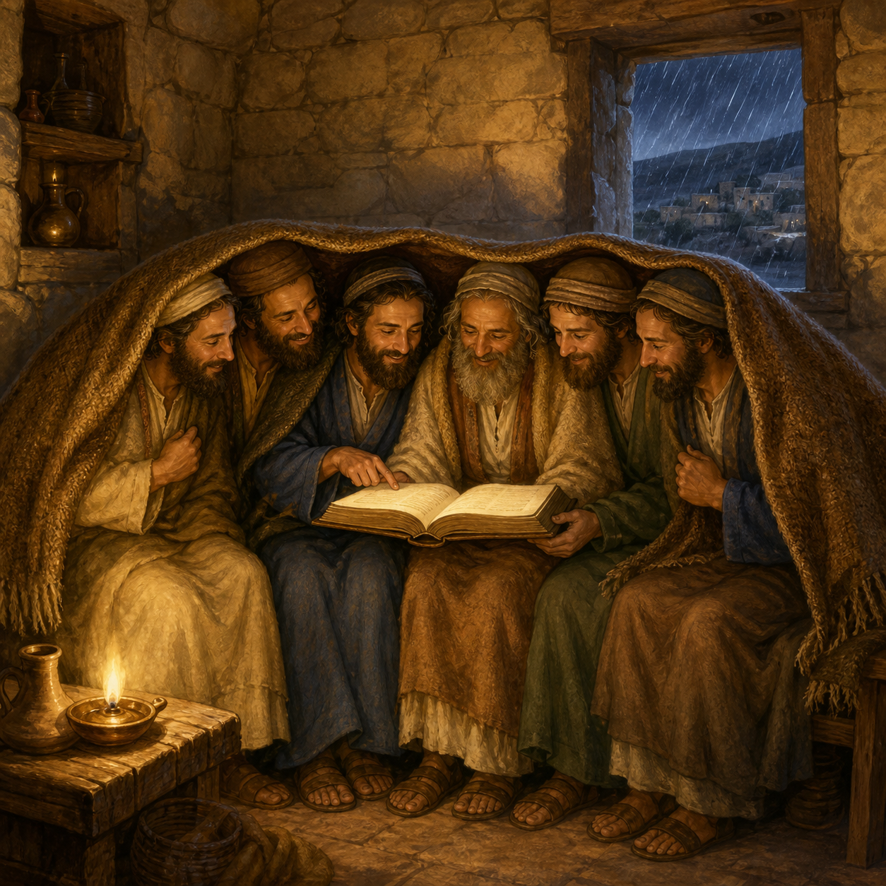 איור: שישה מחכמי דורו של רבי יהודה בר אילעי לומדים תורה יחד תחת בגד צמר אחד בחורף
