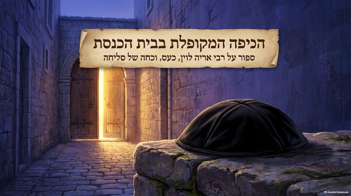 שקופית השער של המצגת: הכיפה המקופלת בבית הכנסת (רבי אריה לוין)